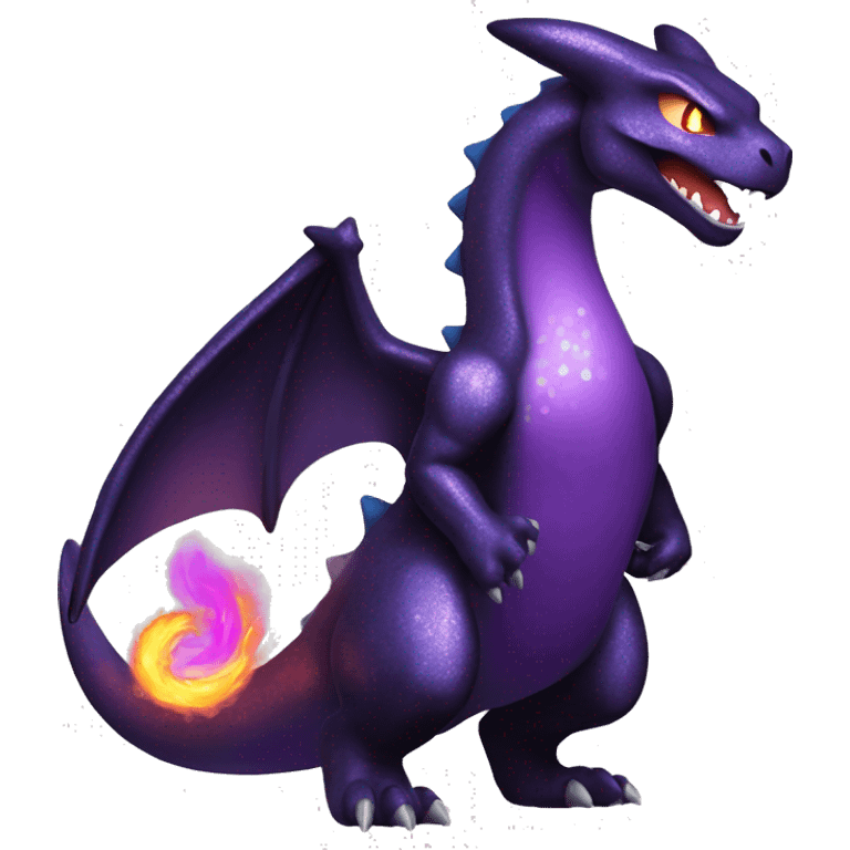 Black shiny sparkly Charizard-Fakémon with purple flame on tail full body emoji