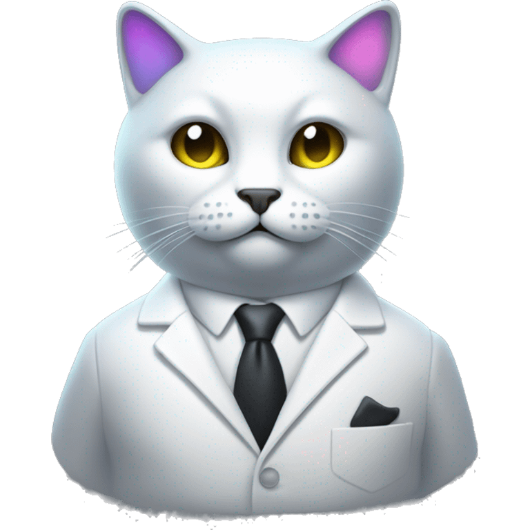 Dark iridescent cat wearing white business suit glowing emoji