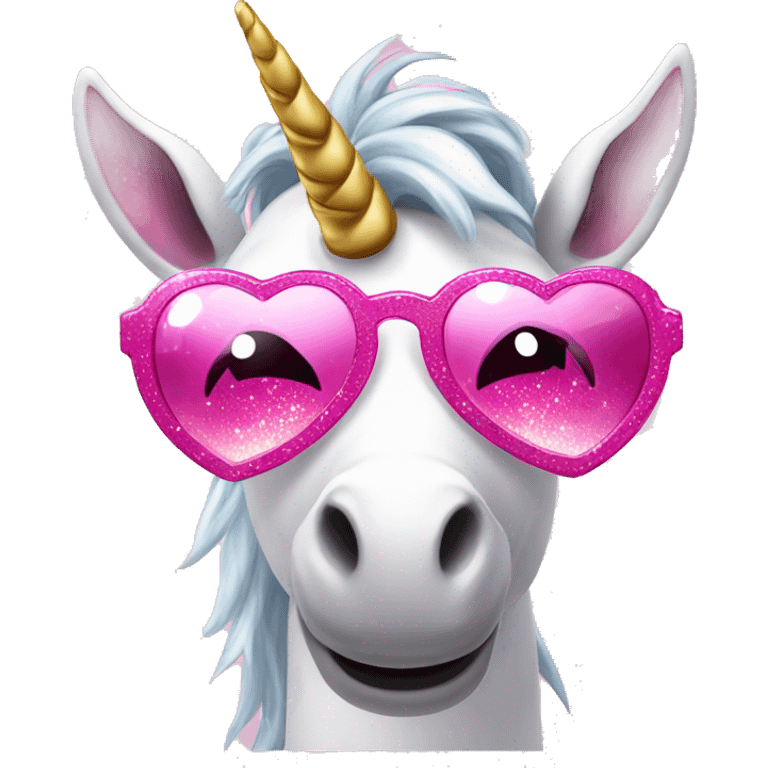 Unicorn with pink sparkly horn wearing pink heart snapped sunglasses emoji