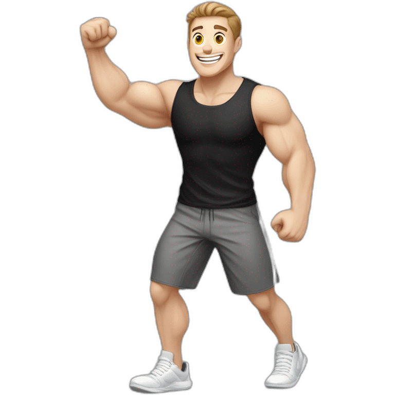 Joyful Celebrating victory Pale skinned Fit Man With the biceps and dark brown hair in black shirt, gray sports shorts and white Sneakers emoji