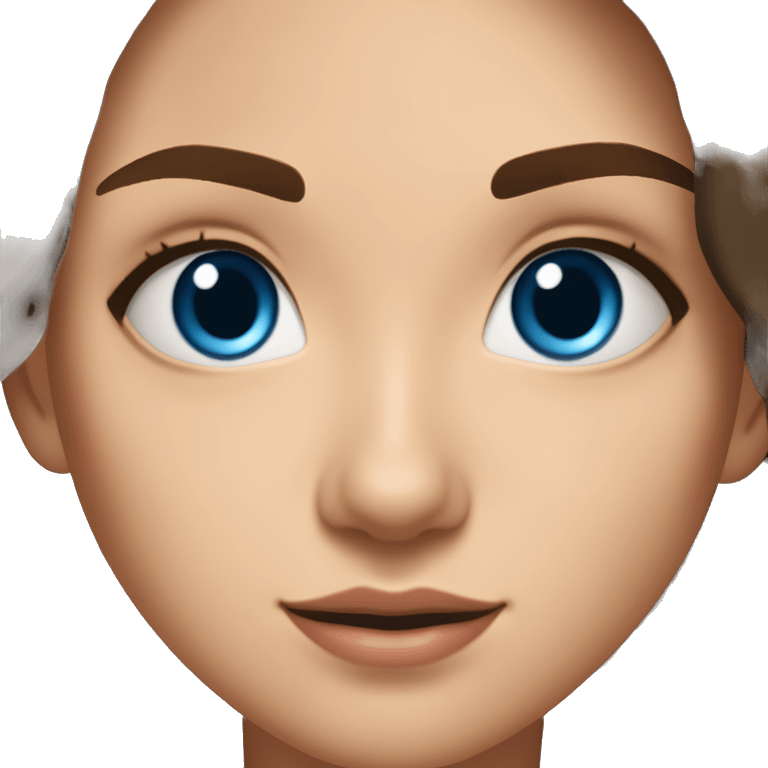 19 year old girl with dark brown auburn hair and slightly bushy eyebrows with blue eyes, short eyelashes and gold earrings wearing a top that says “milana” on emoji