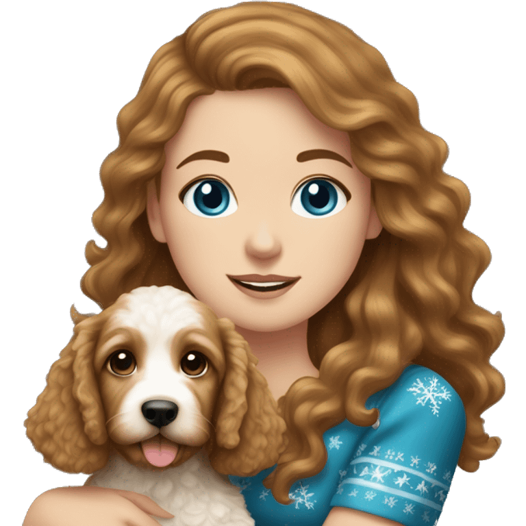 white girl with long brown hair and blue eyes wearing a christmas dress, holding a golden doodle puppy emoji