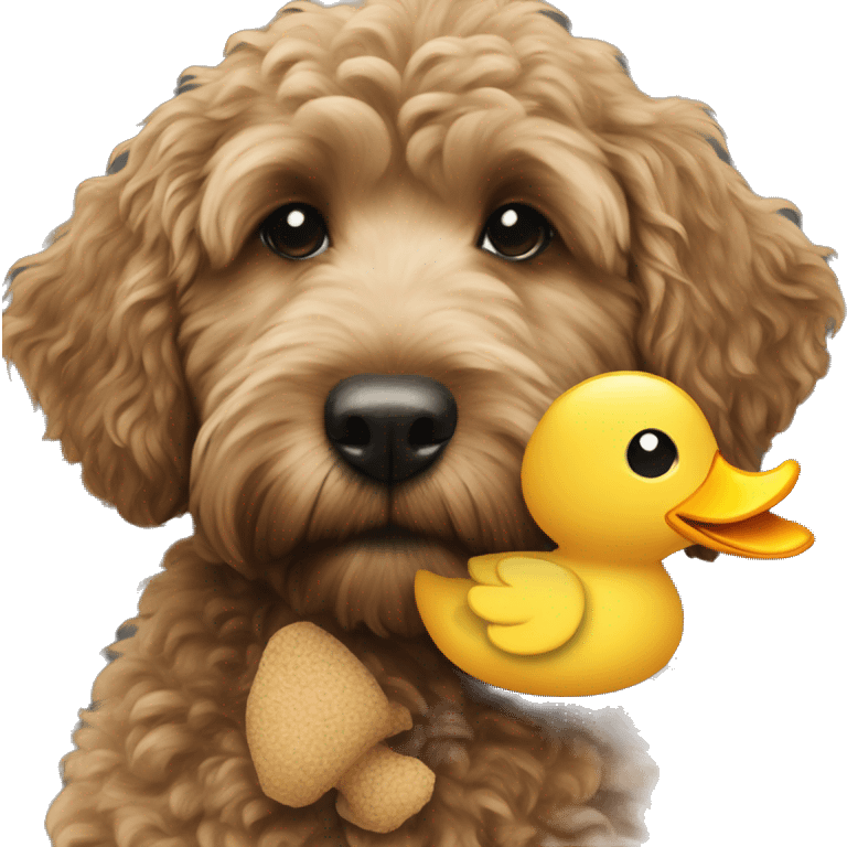 Black golden doodle holding duck stuffed animal emoji