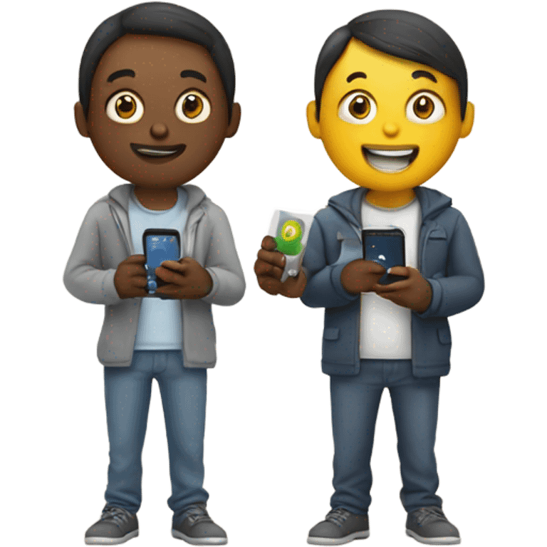 two friends with smartphone showing charts emoji