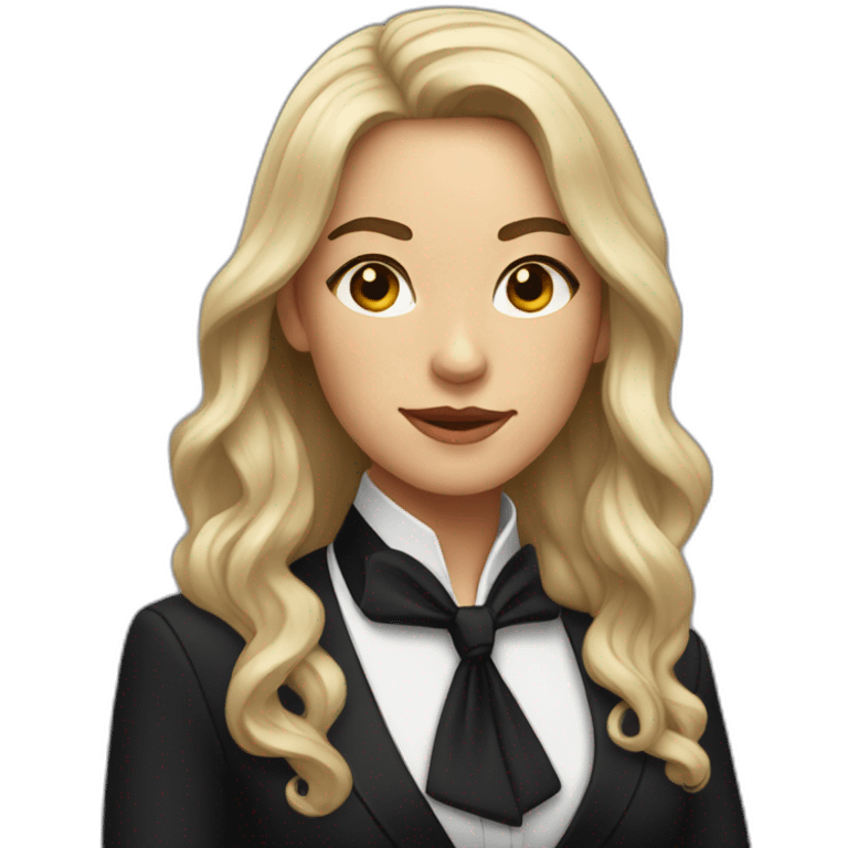 Woman with a long and strong dark hair wearing black suit with a black bow tie emoji