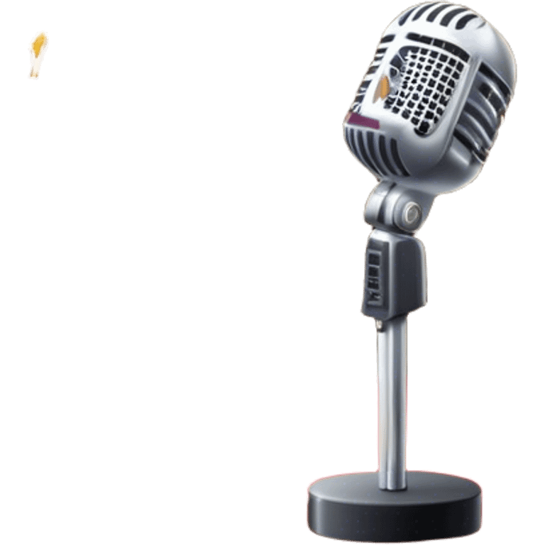 Create a glamorous and vibrant emoji that represents pop or stage vocal performance. The design should feature an empty stage with concert lighting. Include elements like an iconic stage microphone with a sparkling, rhinestone-studded microphone stand, set on a red carpet, a celebratory firework display in the background and a ribbon of musical notes flowing around the scene to symbolize the performance's energy. Use bright colors like gold, red, and silver to emphasize the excitement and glitz of the pop vocal world. The background should be transparent. emoji