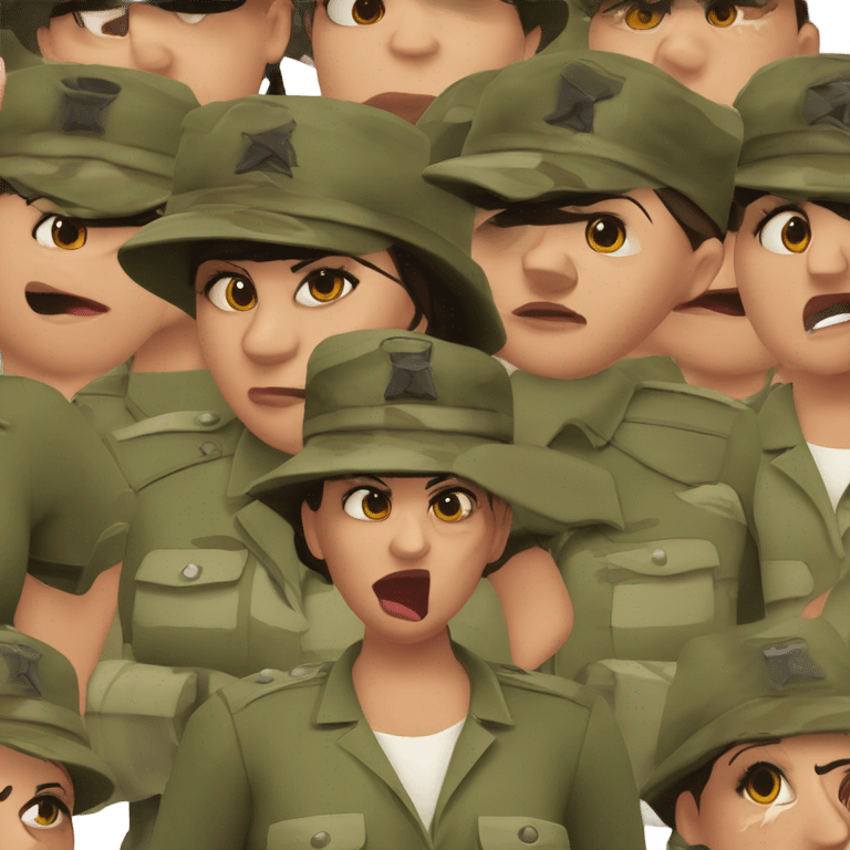 a female drill sergeant showing full torso wearing a classic sergeant hat and a camouflage army shirt. The character should have an angry intense expression.  emoji