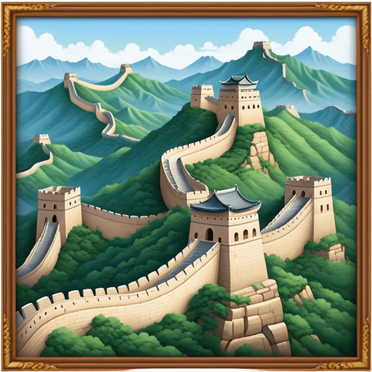 Cinematic Realistic Great Wall of China Landmark Emoji, depicted as ancient fortifications winding across majestic mountains, rendered with intricate detail and dramatic lighting. emoji