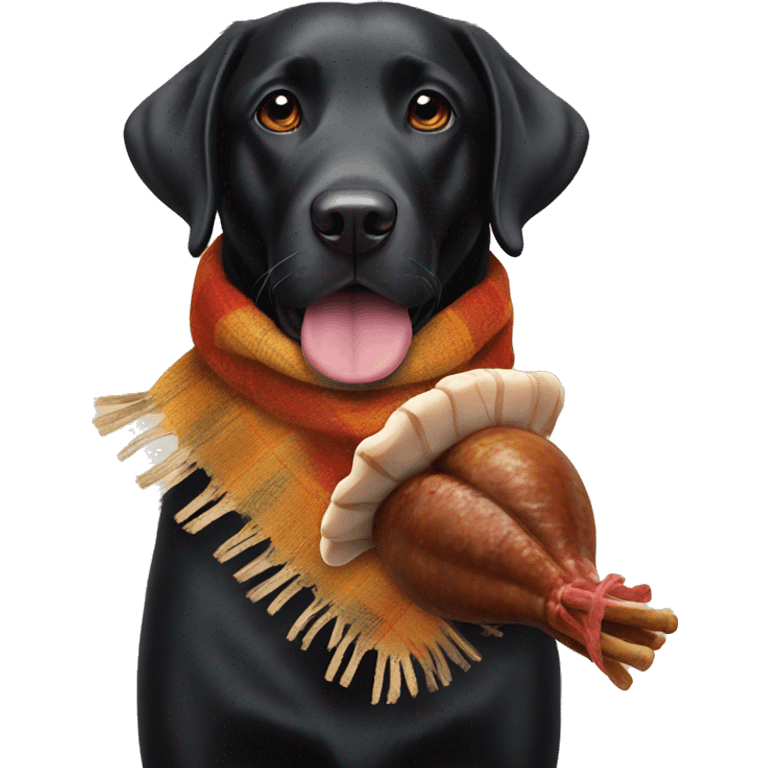 Black Labrador with a fall scarf and a turkey leg in his mouth emoji