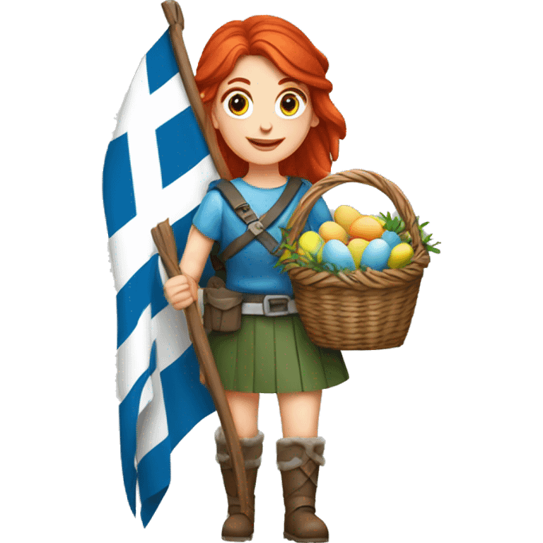 red hair female winter mountaineer offering Easter basket and Greek flag emoji