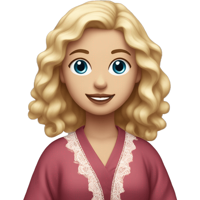 a girl with light wavy hair just below her shoulders, with blue eyes, full lips, pink cheeks, plump skin, in a lace burgundy robe with a smile emoji