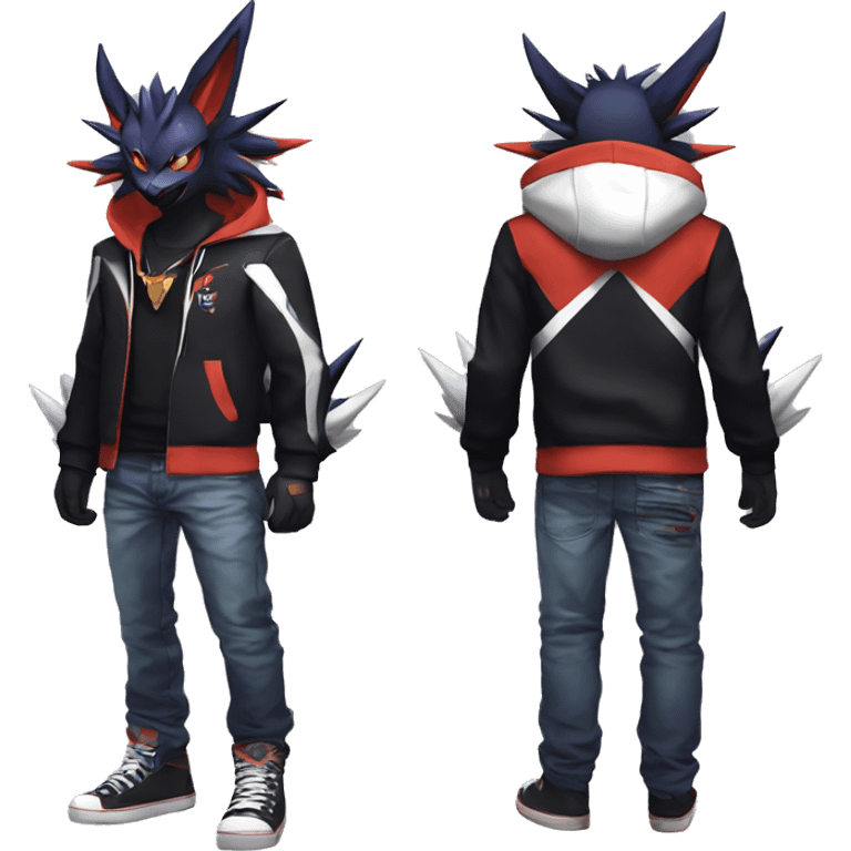 Cool Anthro Black Noivern-Absol-Litten-Pokémon with edgy stripes hoodie spiked collar punk Full Body emoji