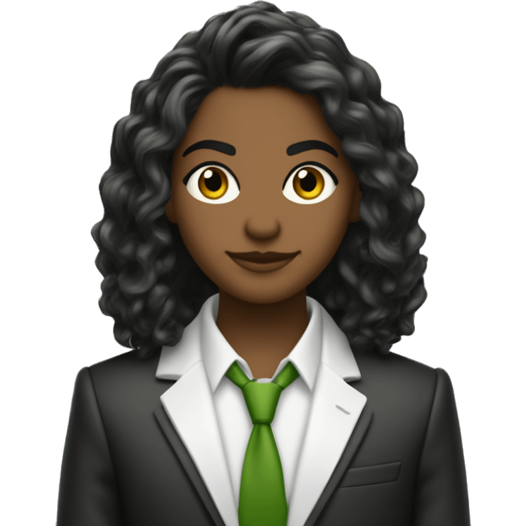 uma jovem de cabelo castanho com mechas loiras sendo o comprimento até os ombros e levemente ondulado.  Olhos verdes, vestindo uma blusa branca com blazer preto, sorrindo e de braços cruzados. emoji