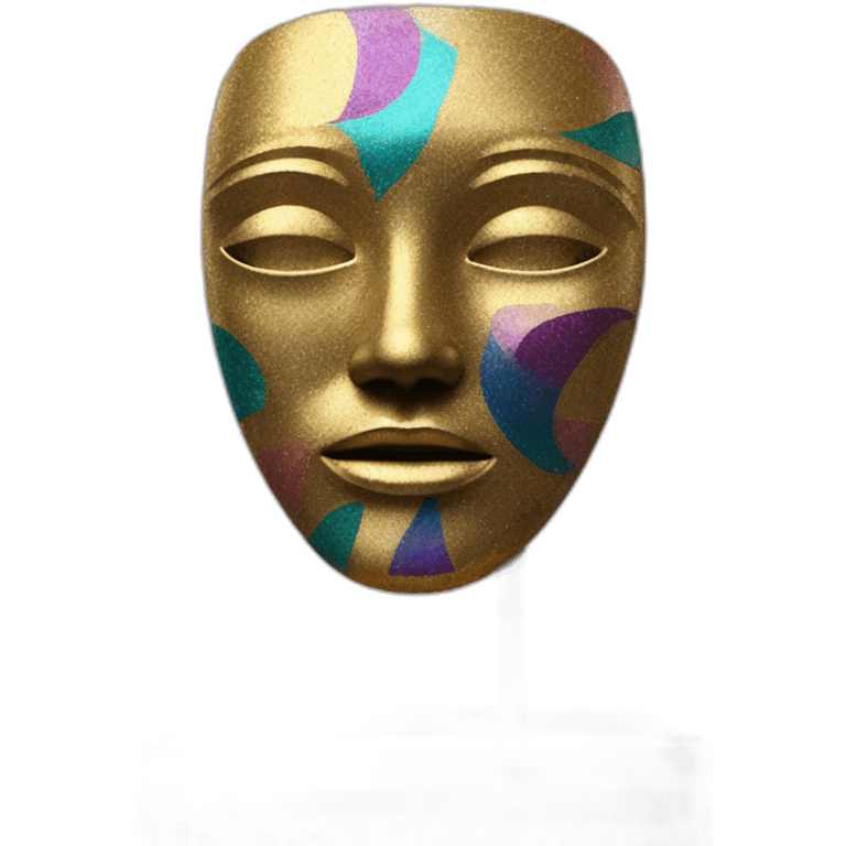 modern sculpture abstract colorful figures with a mask on a golden glittering pedestal zoomed out view of the entire statue, 4K resolution emoji