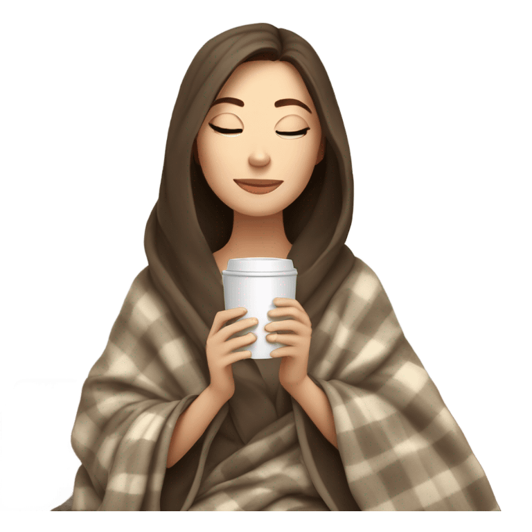 White girl brunette inside a blanket sipping coffee eyes closed emoji