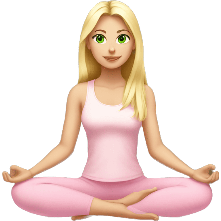 blonde long hair and green eyes yoga girl in light pink clothes sitting on a yoga mat emoji