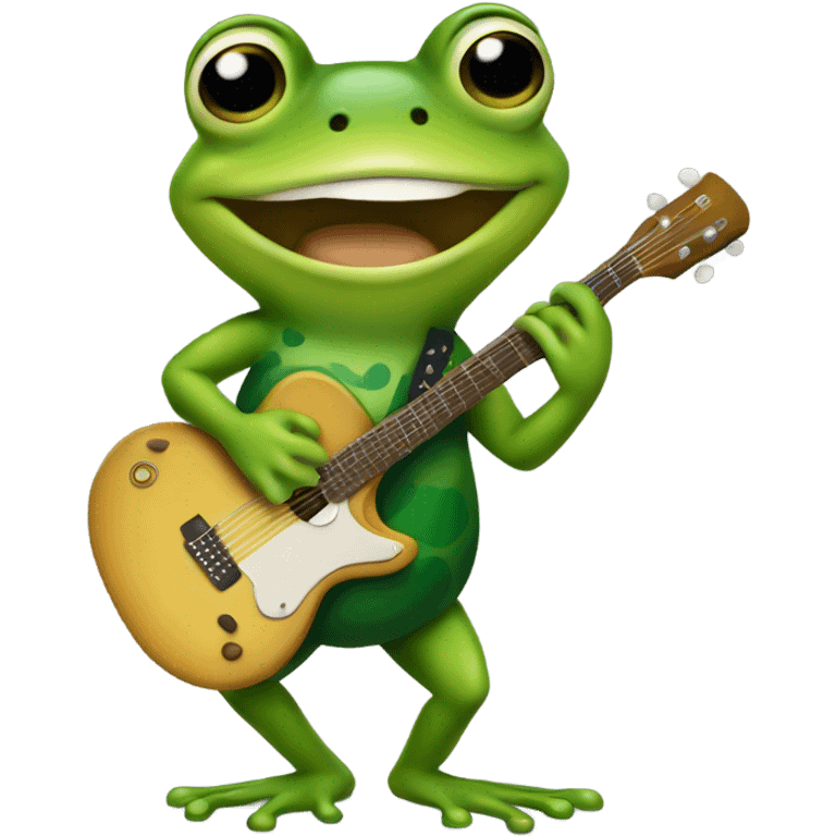 A green frog with blonde hair playing guitar emoji