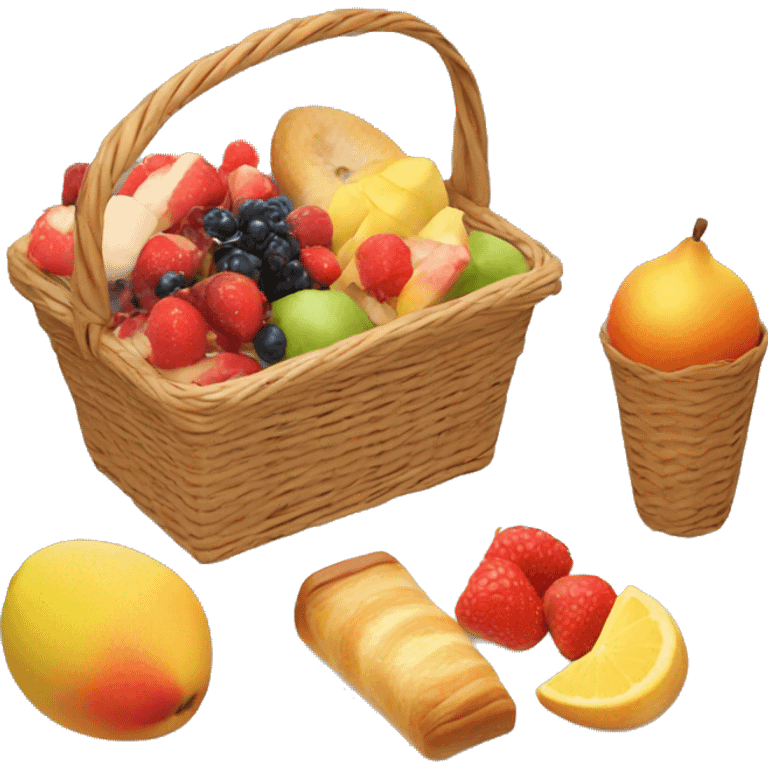 Fruit and pastries in a aesthetic picnic basket  emoji