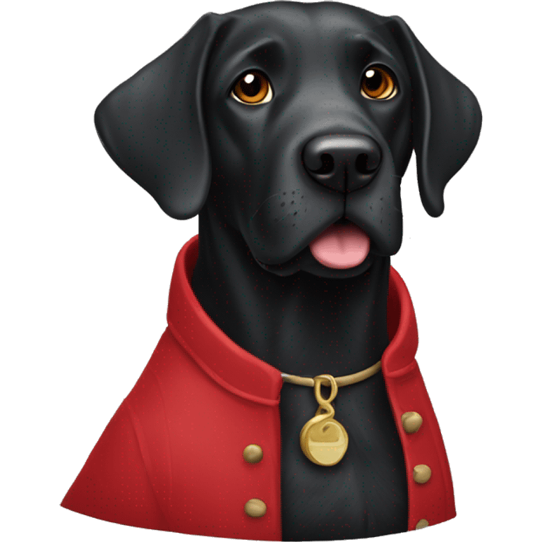 Old black Labrador wearing a red coat emoji