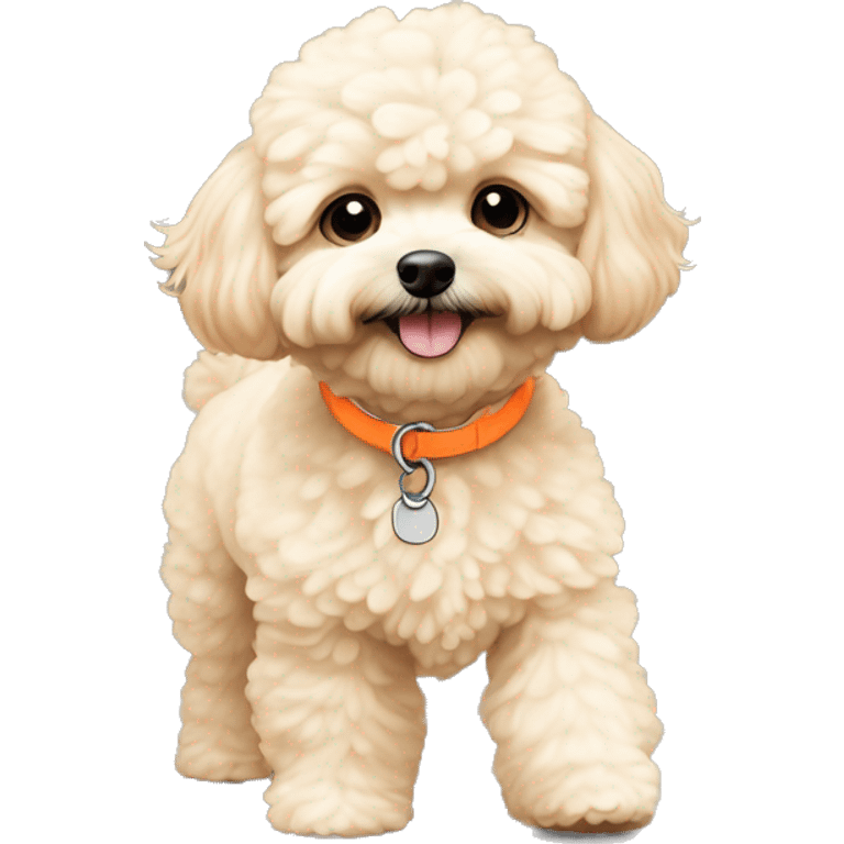 Cream color maltipoo walking wearing neon orange shoes visible 4 of them emoji