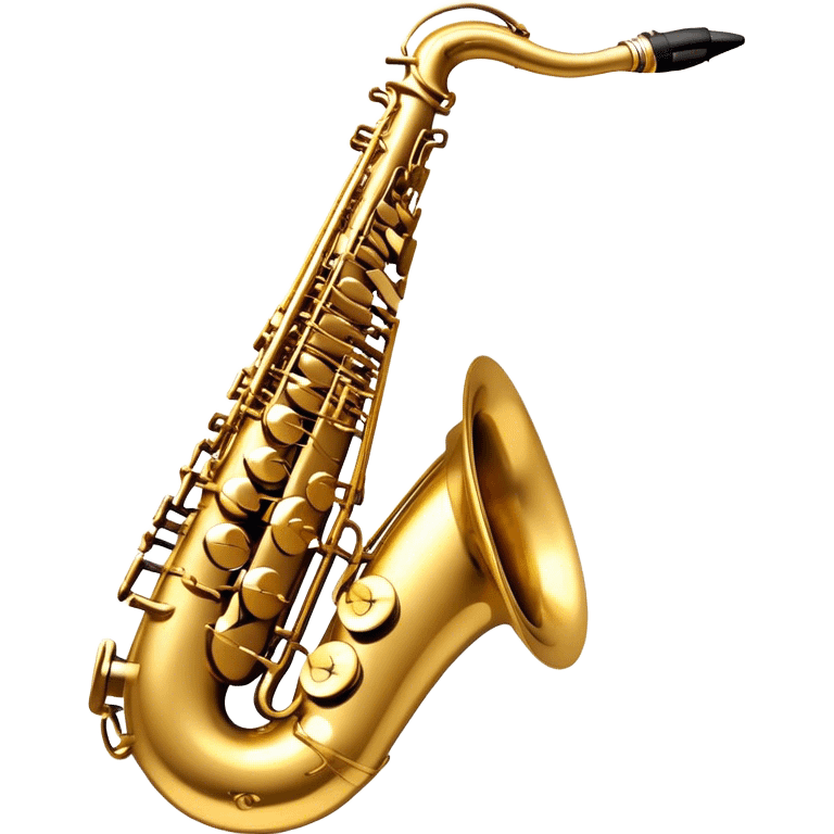 Create a sleek and sophisticated emoji representing the Selmer Super Action 80 Series II saxophone. The design should feature the smooth, golden brass body of the saxophone with its shiny keys and beautiful curves. Highlight the iconic bell of the saxophone and the fine details of the keywork, including the pads and springs. Include the mouthpiece at the top with a reed visible, capturing its essential role in sound production. Use rich gold and brass tones for the instrument with subtle light reflections to enhance its professional appearance. Add musical notes floating around the saxophone to evoke its smooth, jazzy sound. The background should be transparent. emoji