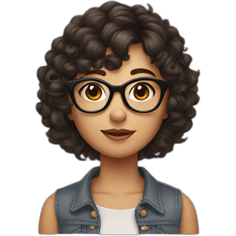 girl with short curly dark brown hair and bangs and she has glasses emoji