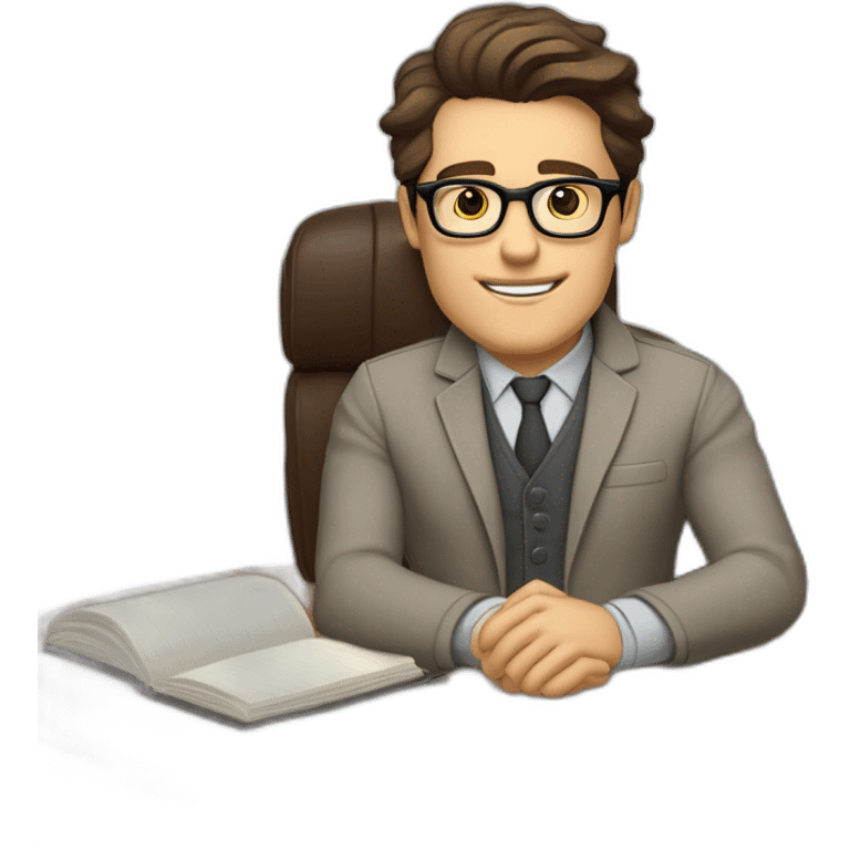 Pale skinned Fit Man With dark brown hair in gray jacket, beige office shirt, Brown pants and vintage glasses sitting In a soft chair with a notebook on spring with emblem Ψ and a pen emoji