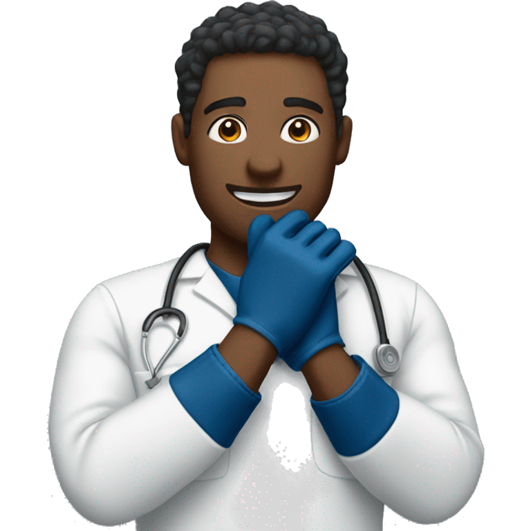 Man in navy scrubs putting on gloves emoji