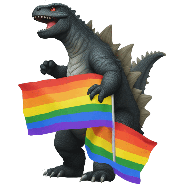 Godzilla playing with a rainbow flag emoji