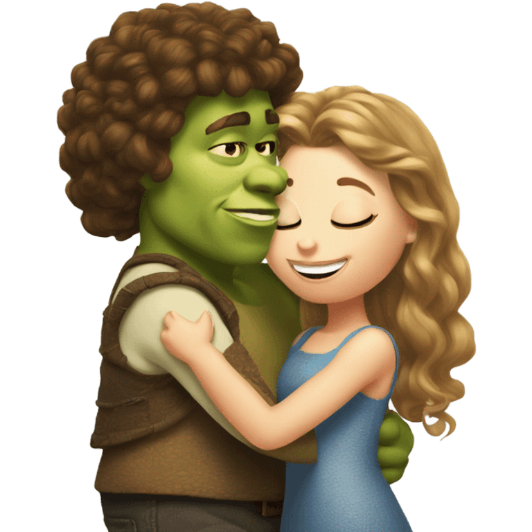 Shrek kissing white girl with curly brown hair emoji