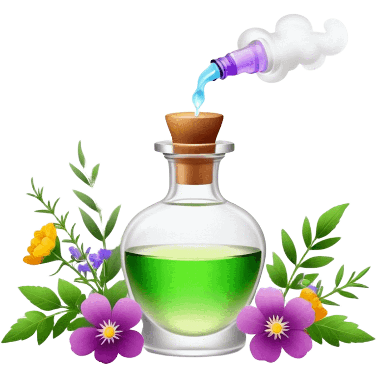 Perfume making icon, delicate glass bottle being filled with colorful essential oils from droppers, swirling mist rising from the bottle, flowers and herbs nearby, minimalistic style, clean lines, transparent background. emoji