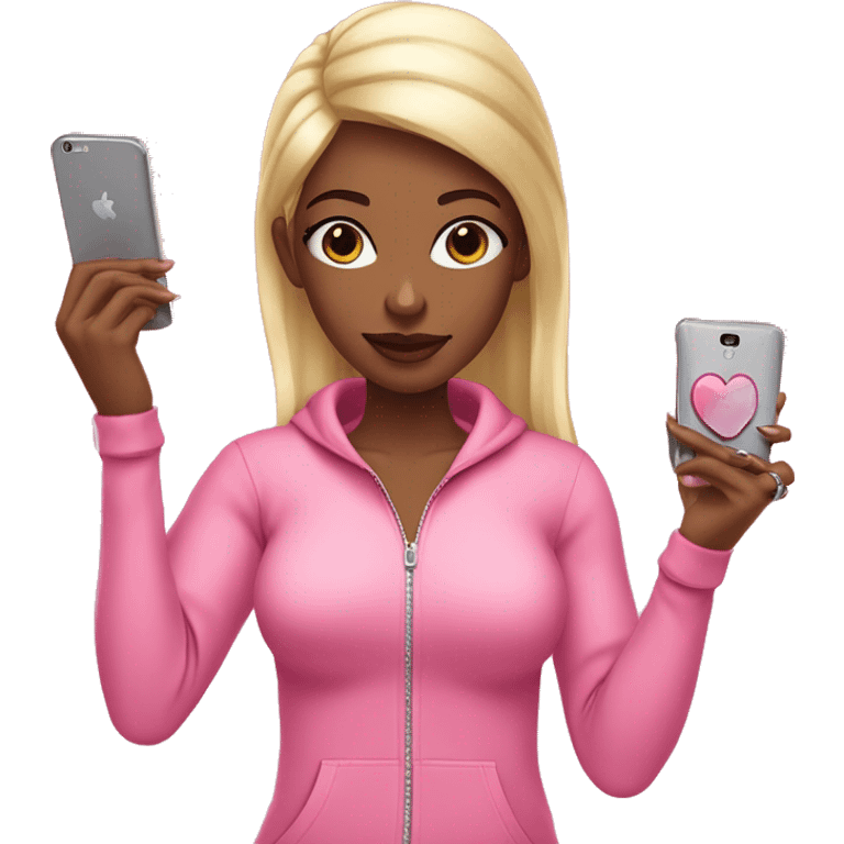 Standing girl emoji: pink tracksuit, hoop earrings, pink lips, lashes, nails. Poses: peace sign, nails, phone, arms crossed." emoji