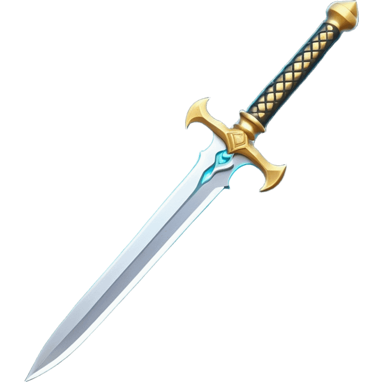 Clash of Clans aesthetic: Cinematic Playful Sword Emoji, rendered in a 3D vector-style similar to standard emojis with minimal shading and bold, simplified shapes. A compact, isometric blade with a gleaming, intricately designed hilt and a razor-sharp edge, softly glowing with a heroic, battle-ready charm. Simplified yet unmistakably iconic, highly detailed and consistent, glowing with a soft radiant brilliance and high shine. Stylized with a touch of medieval finesse and a soft glowing outline, capturing the essence of a legendary sword with a friendly, playful vibe! emoji