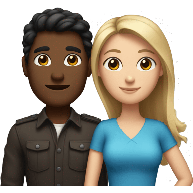 Couple with arms around each other. man with brown skin and black hair. Shorter white woman with long brown hair and blue eyes  emoji