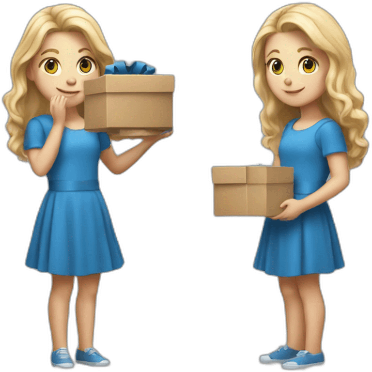 realistic white blode long hair girl in a blue dress holding a box with effort emoji