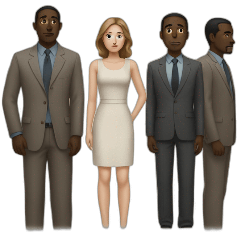 six dark-skinned men stand behind a pale woman emoji