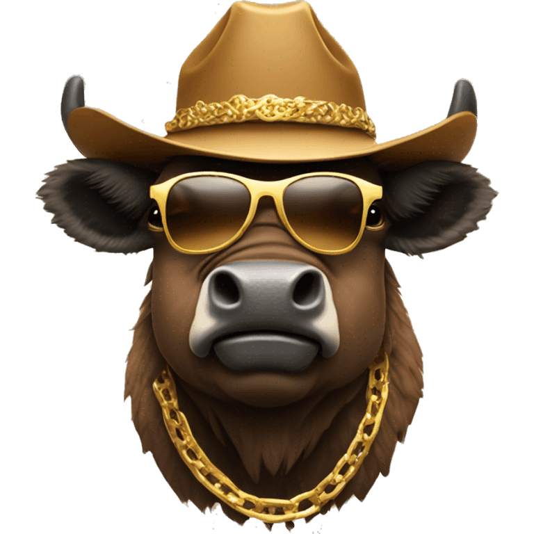 Brown Bison wearing cowboy hat and gold sunglasses and gold chain emoji