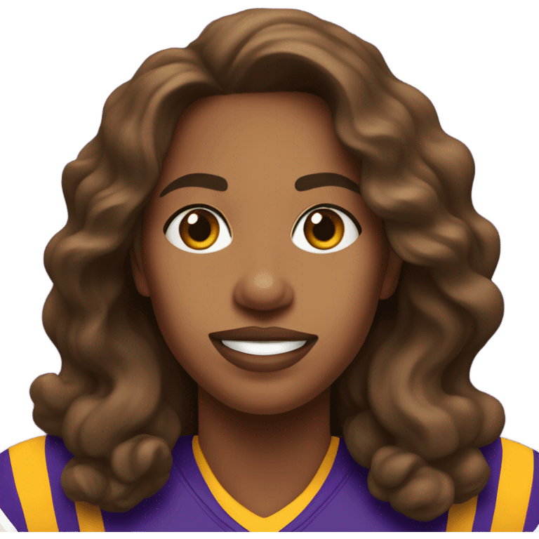 Medium skin woman with very long wavy brown hair wearing lsu jersey emoji