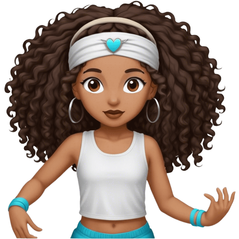 Dancing brown girl with long darn brown curly hair with headband hip hop emoji