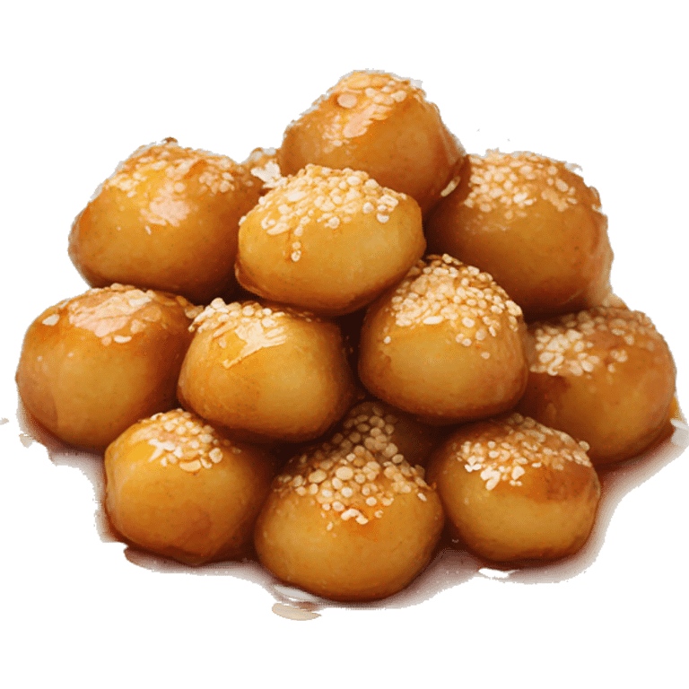 Greek loukoumades in a plate with honey drizzle and sesame seeds emoji