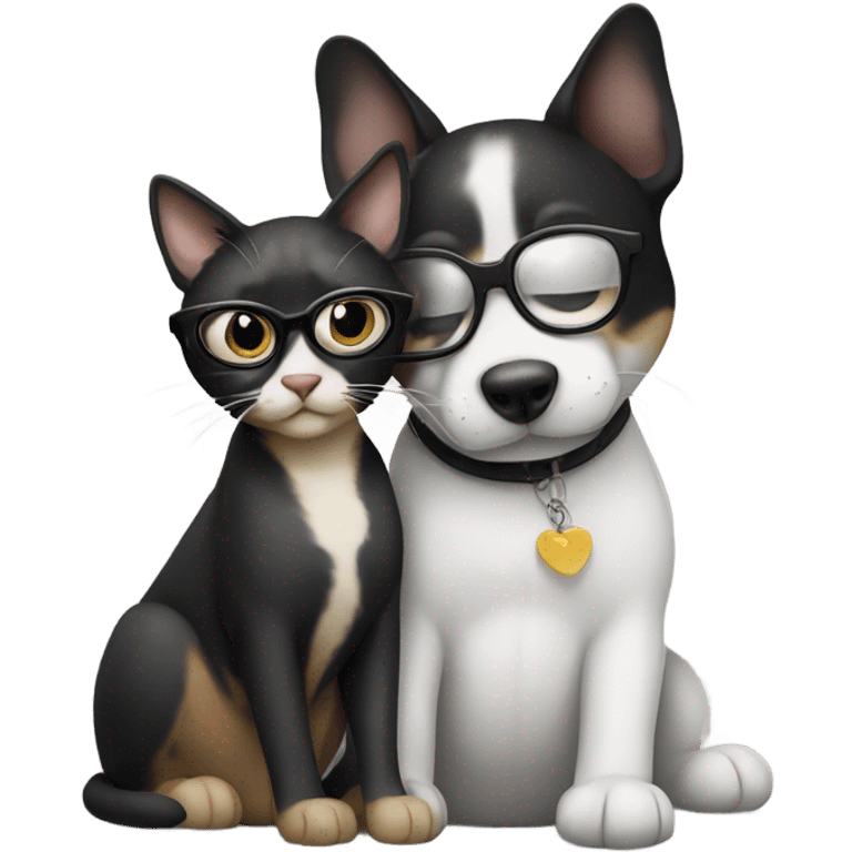 a cat in black glasses hugs a dog in black glasses emoji