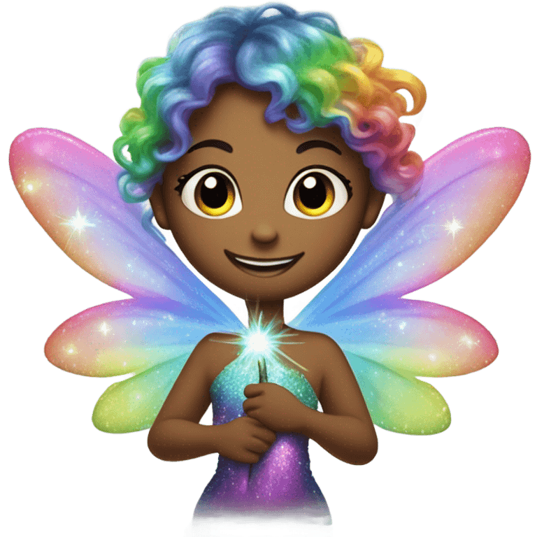 Rainbow realistic fairy with wings and pixie dust holding a wand and and tooth emoji