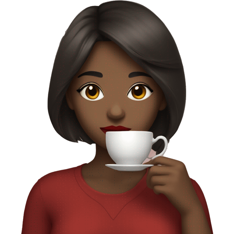 Dark brown haired girl drinking tea with eyelashes and red lipstick emoji