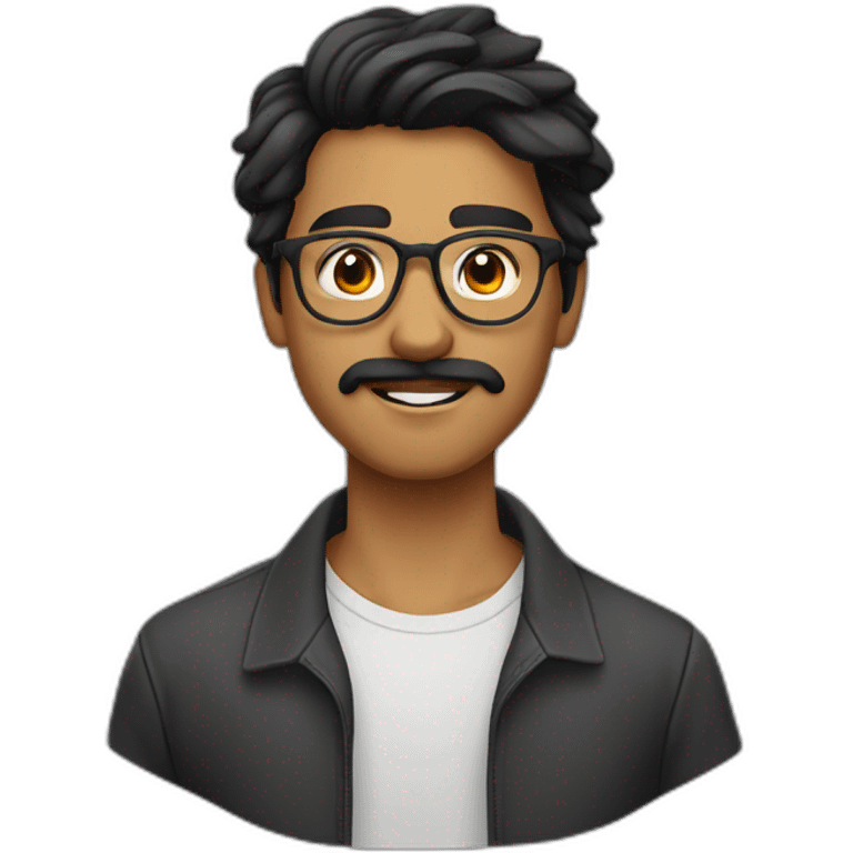 Indian teenager with light moustache and a goatee, with long wavy black hair,jawline, wearing glasses emoji