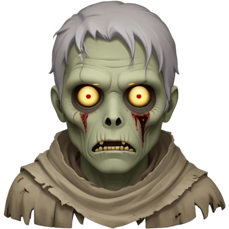 Cinematic Noble Zombie Portrait Emoji, Surprisingly dignified and somber, with a decaying yet strangely regal visage in ashen grays and muted tones, draped in tattered attire hinting at a lost grandeur, simplified yet meticulously detailed, glowing with a soft, eerie radiance and a gentle outline that evokes the tragic nobility of the undead! emoji