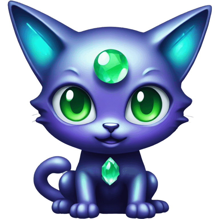 Shiny, Sparkly, Black Dark-type--Psychic-Ice-type-Fakémon-Alien-Cat Blind Purple eyes, green gem, full body emoji