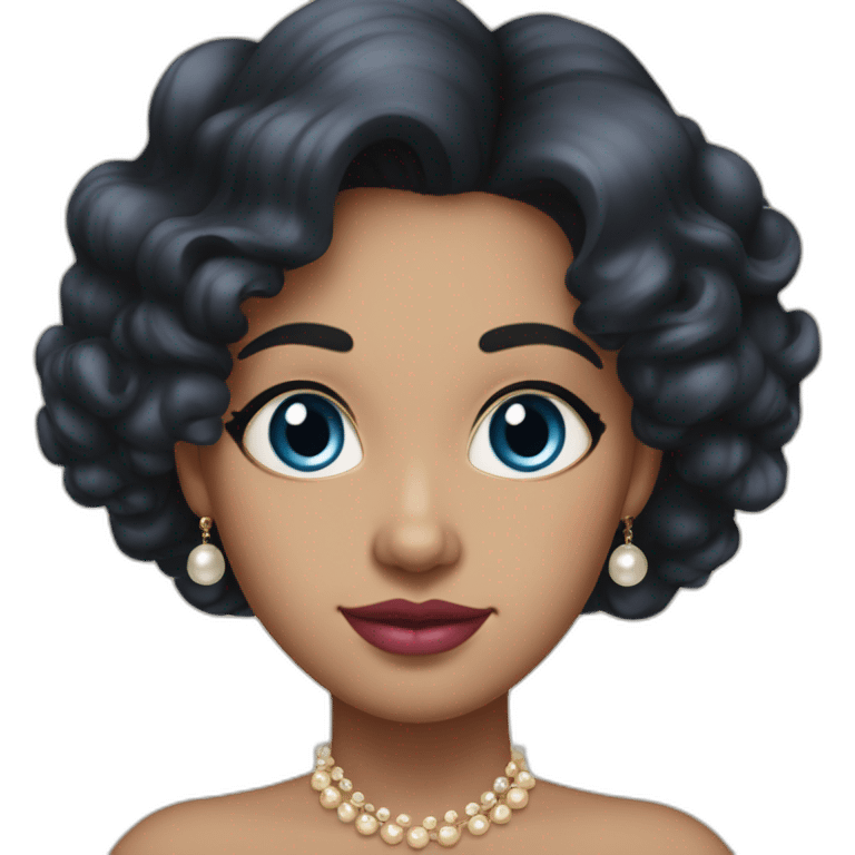 A beautiful mother with black dark hair and curls at the end. She has deep blue eyes and big pink lips. She also has golden earrings with pearls. emoji