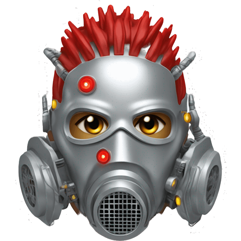 Silver Mohawk female cyborg head with red respirator mask and circuits emoji