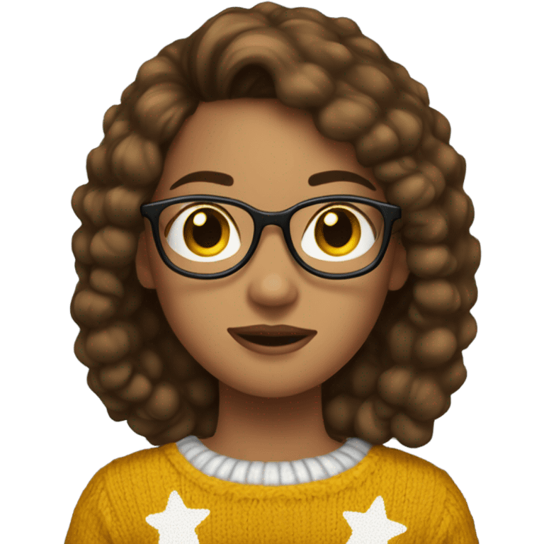 A girl brown hair glasses baggy jeans and a christmas sweater with a little yellow star between two eyebrows emoji