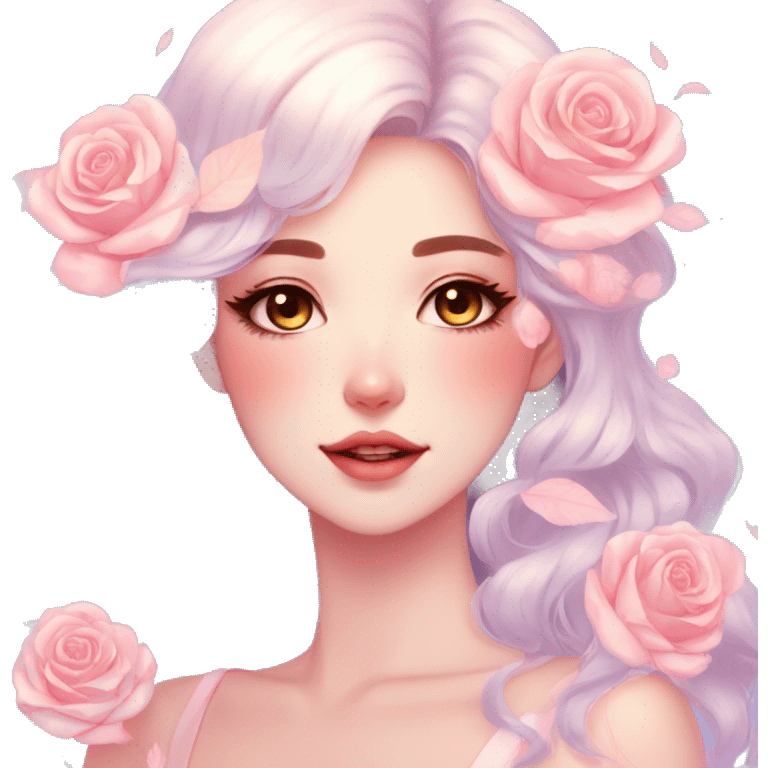 Gorgeous pastel shiny pearly colorful anime style lady with blushing face and roses leaves shiny aesthetic trending style emoji